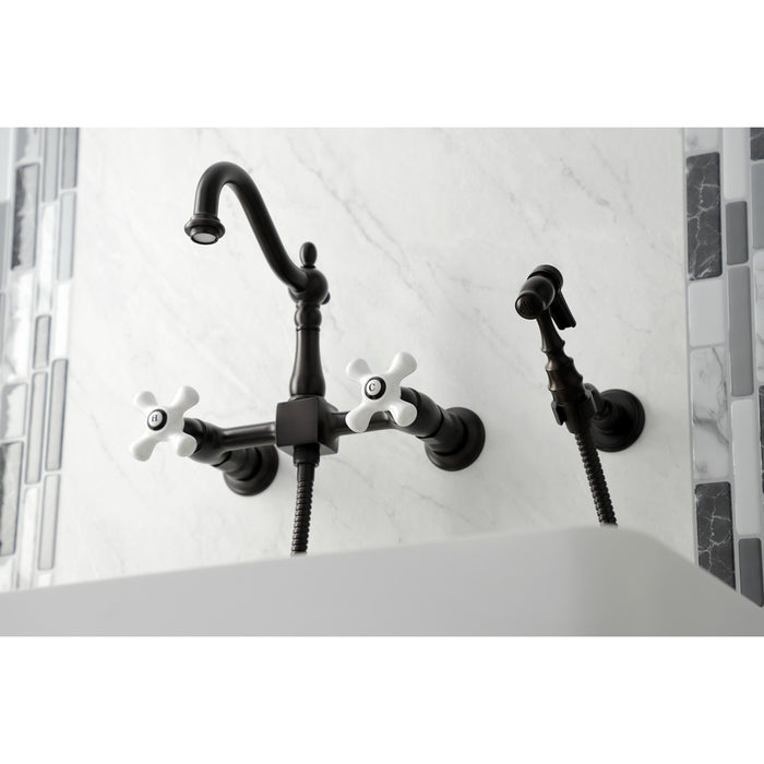 Kingston Brass KS1265PXBS Heritage Wall Mount Bridge Kitchen Faucet with Brass Sprayer, Oil Rubbed Bronze