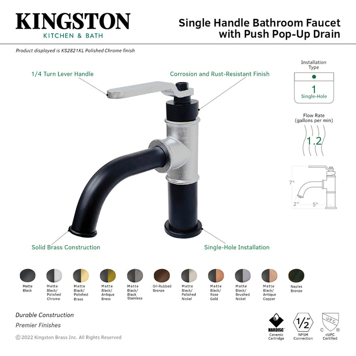 Kingston Brass KS2825KL Whitaker Single-Handle Bathroom Faucet with Push Pop-Up, Oil Rubbed Bronze