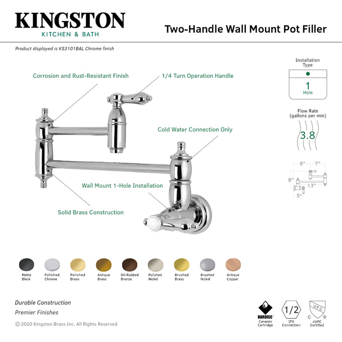 Kingston Brass KS3105BAL Heirloom Wall Mount Pot Filler Kitchen Faucet, Oil Rubbed Bronze