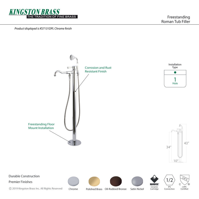 Kingston Brass KS7135DPL Paris Freestanding Tub Faucet with Hand Shower, Oil Rubbed Bronze