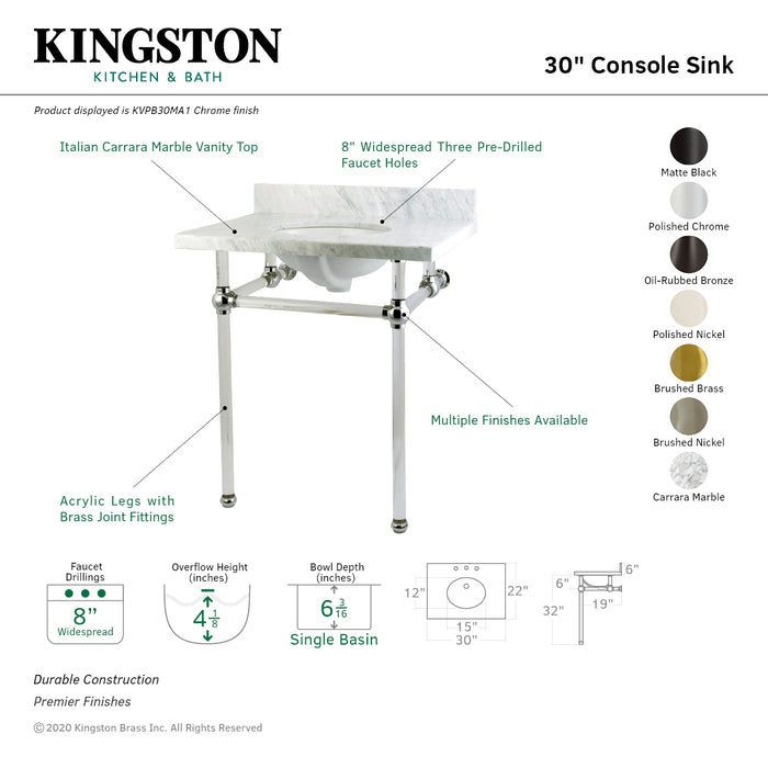 Kingston Brass KVPB30MA5 Templeton 30" Carrara Marble Vanity Top with Clear Acrylic Legs (8-Inch, 3-Hole), Carrara Marble/Oil Rubbed Bronze