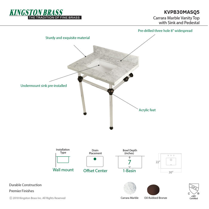 Kingston Brass KVPB30MASQ5 Templeton 30" Carrara Marble Vanity Top with Clear Acrylic Legs (8-Inch, 3-Hole), Carrara Marble/Oil Rubbed Bronze