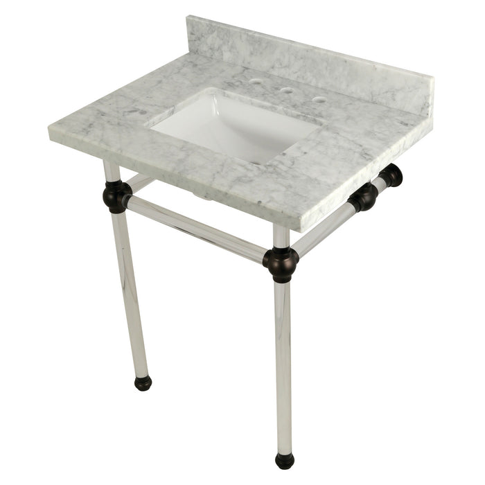 Kingston Brass KVPB30MASQ5 Templeton 30" Carrara Marble Vanity Top with Clear Acrylic Legs (8-Inch, 3-Hole), Carrara Marble/Oil Rubbed Bronze