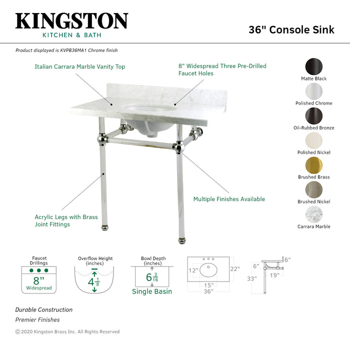 Kingston Brass KVPB36MA5 Templeton 36" Carrara Marble Vanity Top with Clear Acrylic Legs (8-Inch, 3-Hole), Carrara Marble/Oil Rubbed Bronze