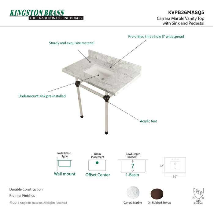 Kingston Brass KVPB36MASQ5 Templeton 36" Carrara Marble Vanity Top with Clear Acrylic Legs (8-Inch, 3-Hole), Carrara Marble/Oil Rubbed Bronze