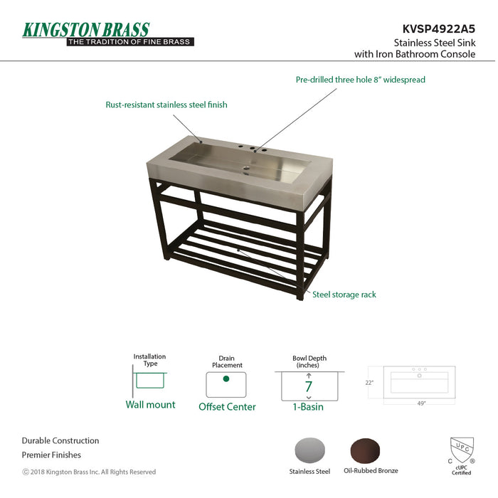 Kingston Brass KVSP4922A5 Kingston Commercial 49" Stainless Steel Console Sink with Steel Base (8-Inch, 3-Hole), Brushed/Oil Rubbed Bronze