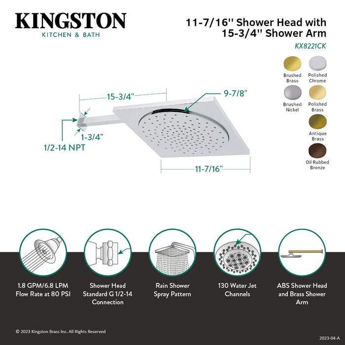 Kingston Brass KX8225CK Shower Scape 12" Rainfall Square Shower Head with 16" Shower Arm, Oil Rubbed Bronze