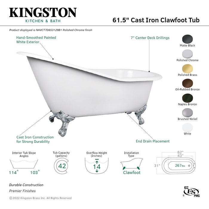 Aqua Eden NHVCT7D653129B6 61-Inch Cast Iron Single Slipper Clawfoot Tub with 7-Inch Faucet Drillings, White/Naples Bronze