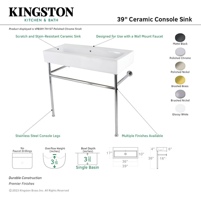 Kingston Brass VPB3917H0ST New Haven 39" Porcelain Console Sink with Stainless Steel Legs, White/Matte Black