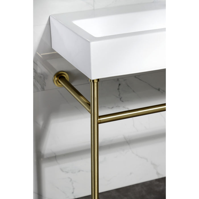 Kingston Brass VPB3917H7ST New Haven 39" Porcelain Console Sink with Stainless Steel Legs, White/Brushed Brass