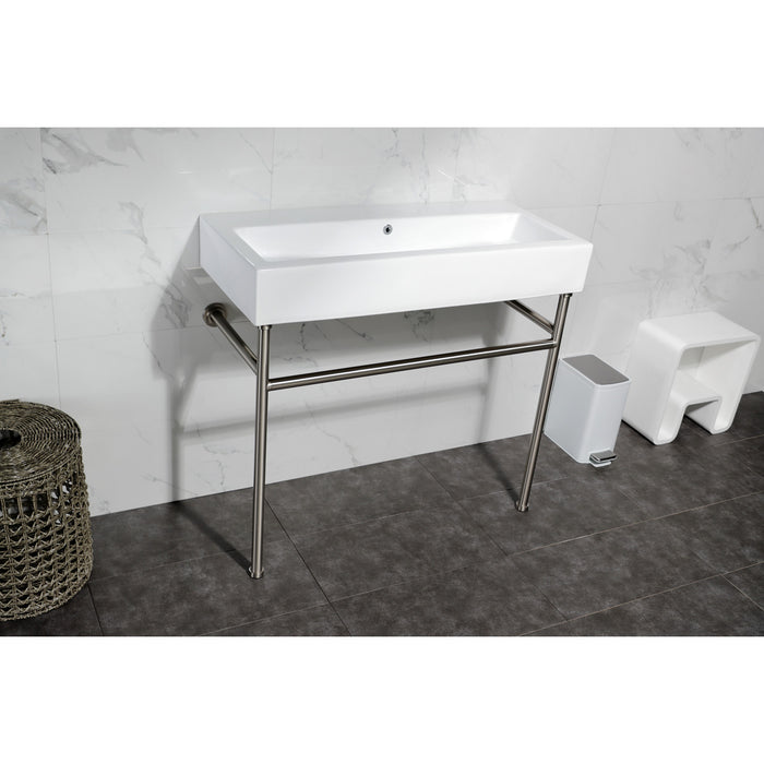 Kingston Brass VPB3917H8ST New Haven 39" Porcelain Console Sink with Stainless Steel Legs, White/Brushed Nickel