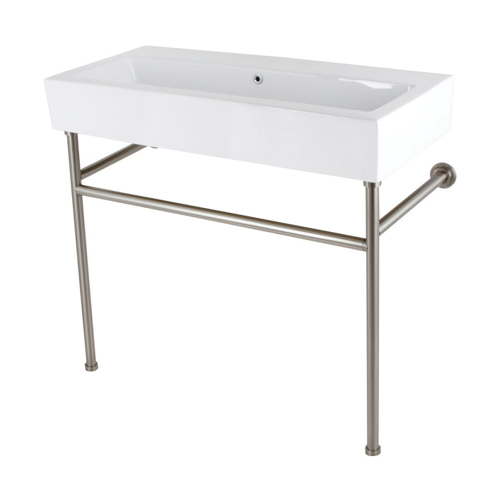 Kingston Brass VPB3917H8ST New Haven 39" Porcelain Console Sink with Stainless Steel Legs, White/Brushed Nickel