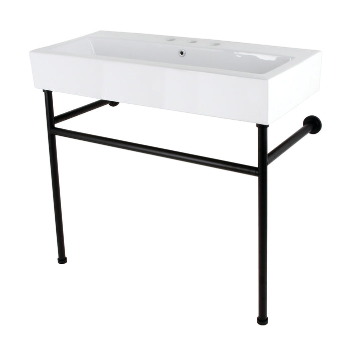 Kingston Brass VPB3917W0ST New Haven 39" Porcelain Console Sink with Stainless Steel Legs (8-Inch, 3-Hole), White/Matte Black