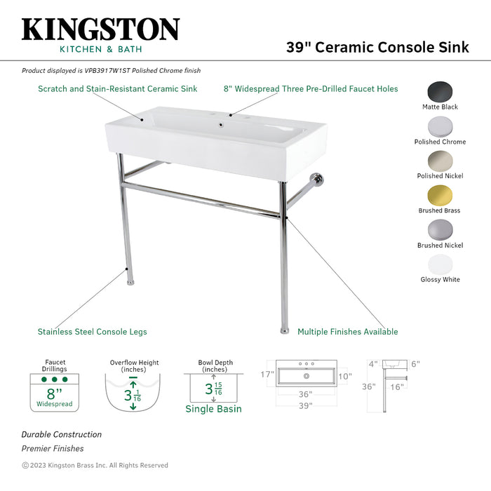 Kingston Brass VPB3917W1ST New Haven 39" Porcelain Console Sink with Stainless Steel Legs (8-Inch, 3-Hole), White/Polished Chrome