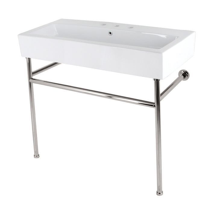 Kingston Brass VPB3917W6ST New Haven 39" Porcelain Console Sink with Stainless Steel Legs (8-Inch, 3-Hole), White/Polished Nickel