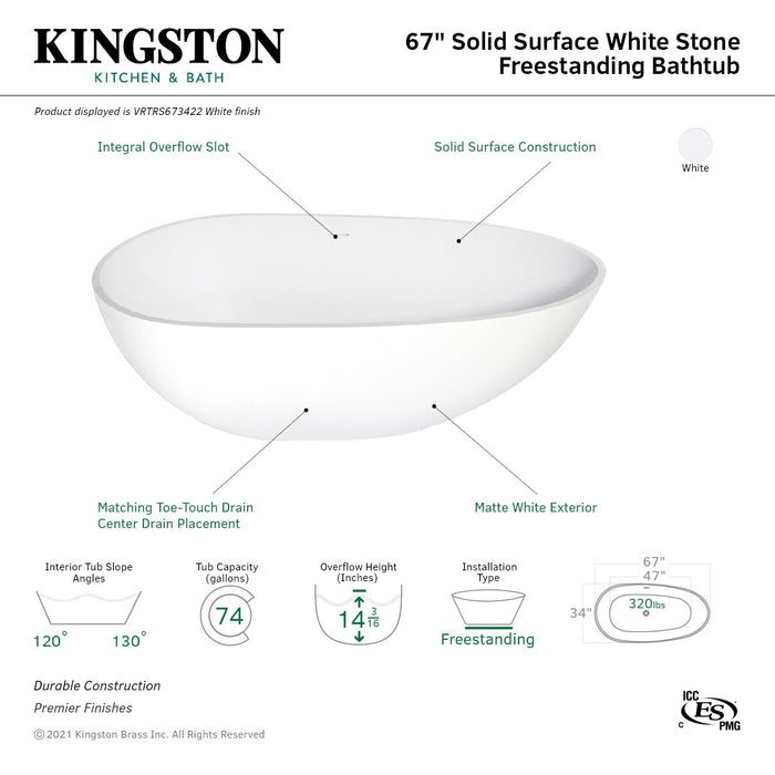 Aqua Eden VRTRS673422 Arcticstone 67-Inch Solid Surface White Stone Freestanding Tub with Drain, Matte White