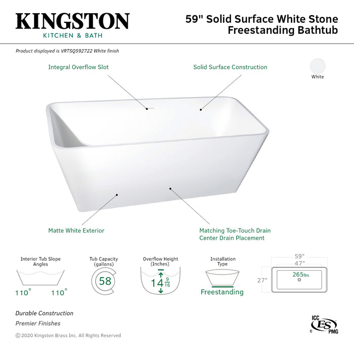 Aqua Eden VRTSQ592722 Arcticstone 59-Inch Solid Surface White Stone Freestanding Tub with Drain, Matte White