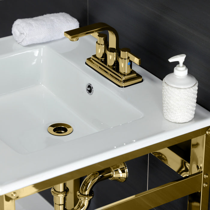 Kingston Brass VWP2522W4A2 Quadras 25" Ceramic Console Sink with Steel Base and Shelf (4-Inch, 3-Hole), White/Polished Brass