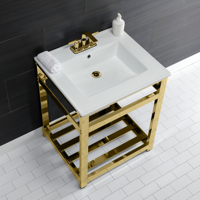 Kingston Brass VWP2522W4A2 Quadras 25" Ceramic Console Sink with Steel Base and Shelf (4-Inch, 3-Hole), White/Polished Brass