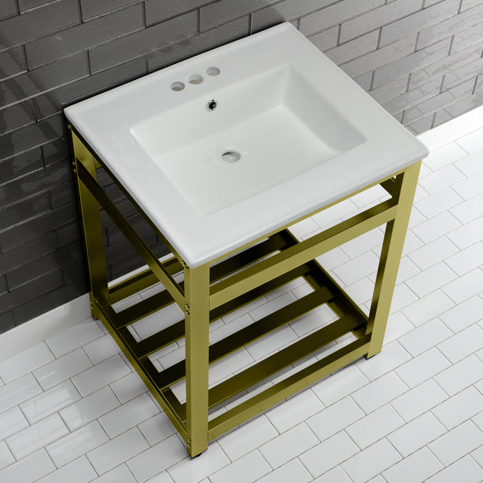 Kingston Brass VWP2522W4A7 Quadras 25" Ceramic Console Sink with Steel Base and Shelf (4-Inch, 3-Hole), White/Brushed Brass