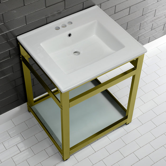 Kingston Brass VWP2522W4B7 Quadras 25" Ceramic Console Sink with Steel Base and Glass Shelf (4-Inch, 3-Hole), White/Brushed Brass