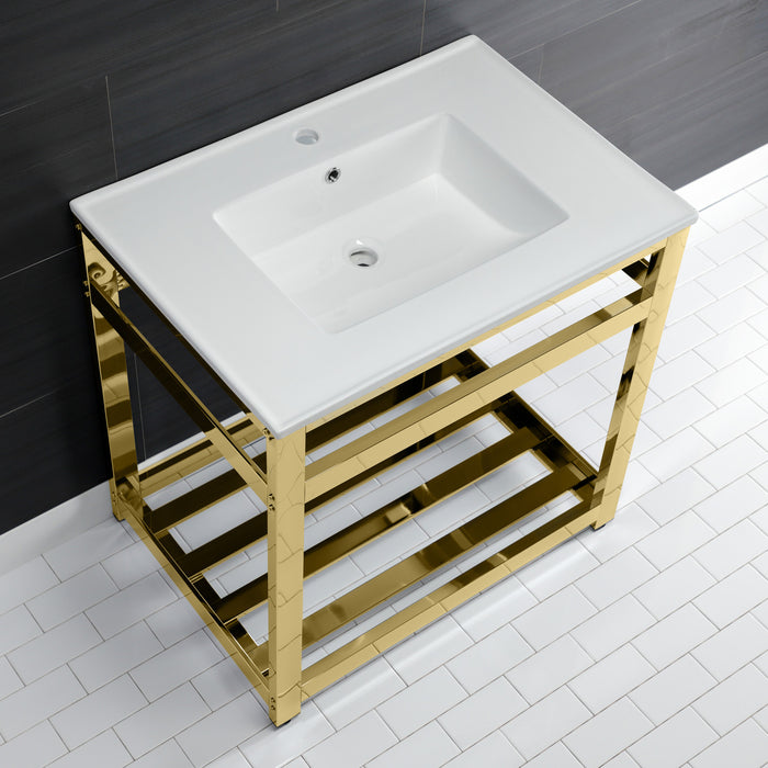 Kingston Brass VWP3122A2 Quadras 31" Ceramic Console Sink with Steel Base and Shelf (1-Hole), White/Polished Brass