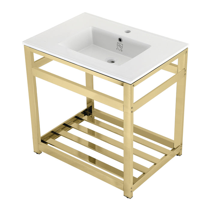 Kingston Brass VWP3122A2 Quadras 31" Ceramic Console Sink with Steel Base and Shelf (1-Hole), White/Polished Brass