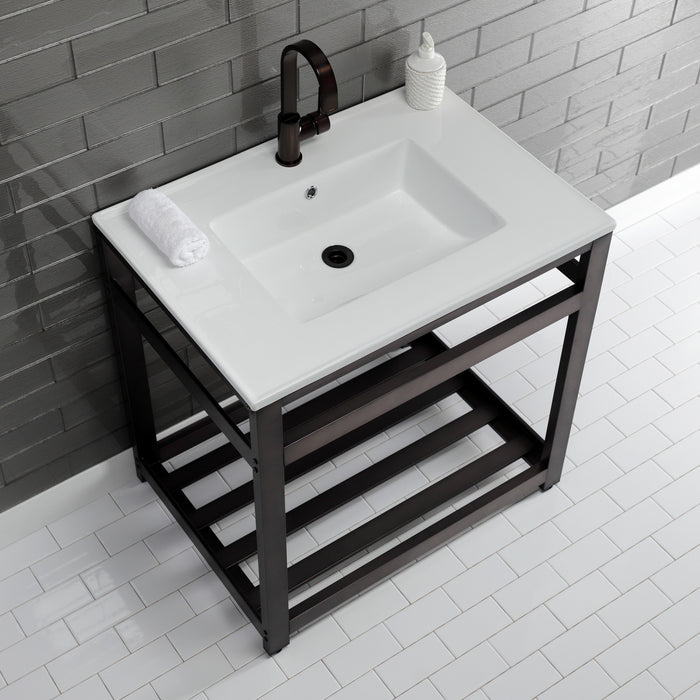 Kingston Brass VWP3122A5 Quadras 31" Ceramic Console Sink with Steel Base and Shelf (1-Hole), White/Oil Rubbed Bronze