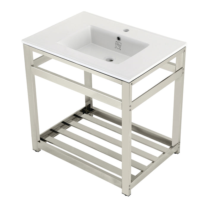 Kingston Brass VWP3122A6 Quadras 31" Ceramic Console Sink with Steel Base and Shelf (1-Hole), White/Polished Nickel