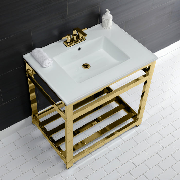 Kingston Brass VWP3122W4A2 Quadras 31" Ceramic Console Sink with Steel Base and Shelf (4-Inch, 3-Hole), White/Polished Brass