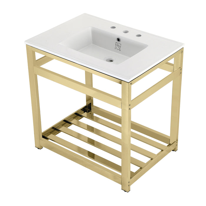 Kingston Brass VWP3122W8A2 Quadras 31" Ceramic Console Sink with Steel Base and Shelf (8-Inch, 3-Hole), White/Polished Brass