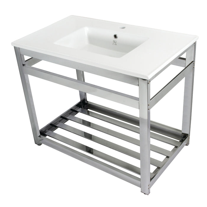 Kingston Brass VWP3722A1 Quadras 37" Ceramic Console Sink with Steel Base and Shelf (1-Hole), White/Polished Chrome