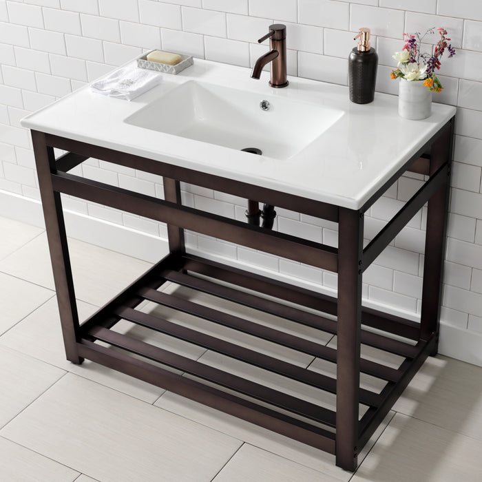 Kingston Brass VWP3722A5 Quadras 37" Ceramic Console Sink with Steel Base and Shelf (1-Hole), White/Oil Rubbed Bronze