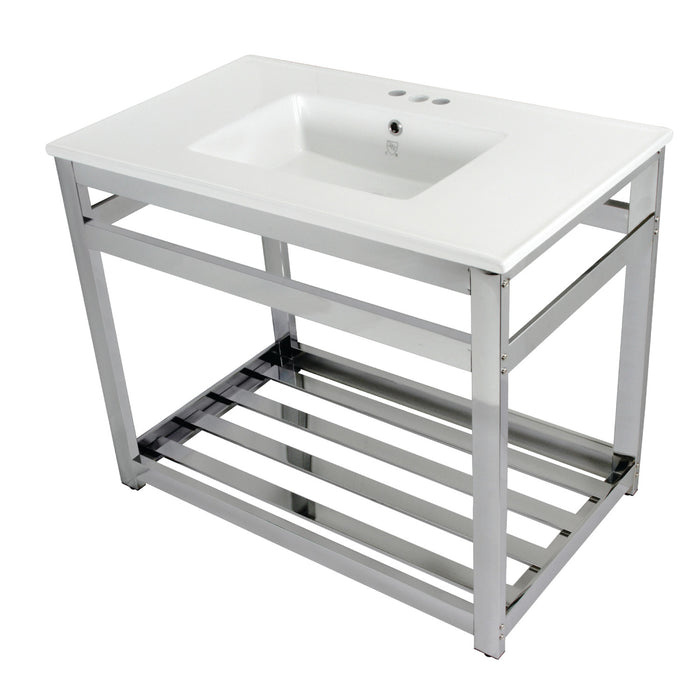 Kingston Brass VWP3722W4A1 Quadras 37" Ceramic Console Sink with Steel Base and Shelf (4-Inch, 3-Hole), White/Polished Chrome