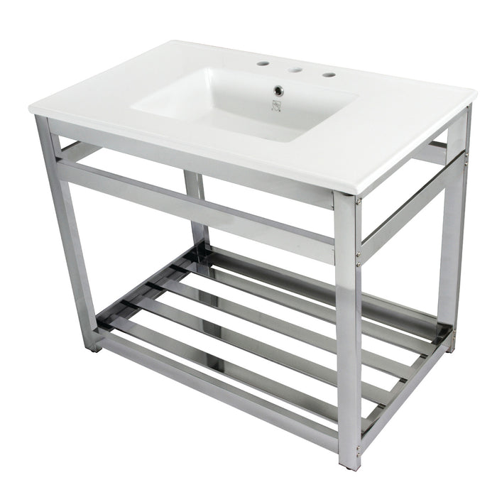 Kingston Brass VWP3722W8A1 Quadras 37" Ceramic Console Sink with Steel Base and Shelf (8-Inch, 3-Hole), White/Polished Chrome