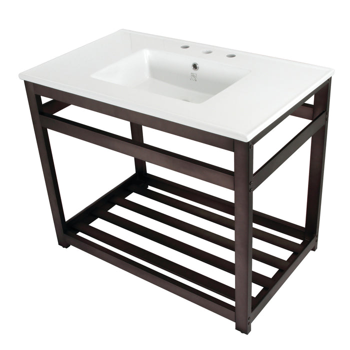 Kingston Brass VWP3722W8A5 Quadras 37" Ceramic Console Sink with Steel Base and Shelf (8-Inch, 3-Hole), White/Oil Rubbed Bronze